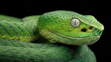 Emerald Viper's Piercing Gaze: Intricate Scales and Vertical Pupil Against Deep Black