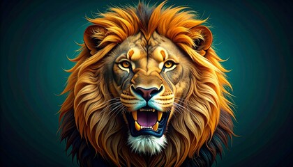 Naklejka premium Majestic roaring lion with a fiery golden mane illustration.