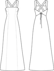 Elegant long dress fashion flat with wide crossover straps, fitted waist and back tie detail, front and back technical apparel CAD vector template