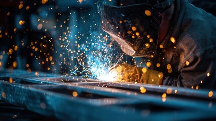 Welder's Fiery Art: Intense Blue Arc and Golden Bokeh Sparks in Industrial Setting