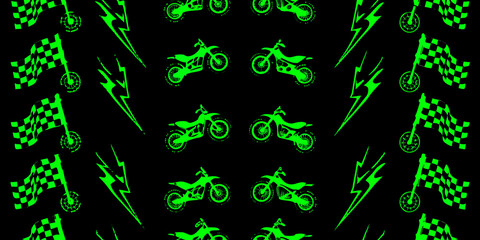 Seamless pattern of green checkered racing flags and motocross bikes with lightning bolts on black background