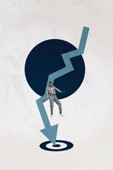Collage with person observing rising arrow symbolizing startup growth business income statistics...