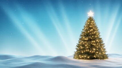 Magical christmas tree in snowy landscape with aurora borealis festive holiday scene
