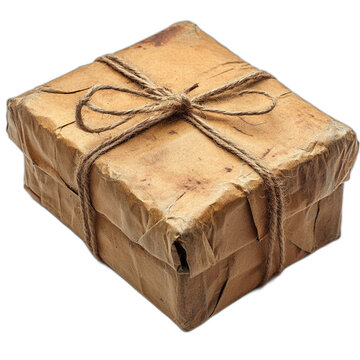 Close up of a wrapped package with twine bow against a plain backdrop on transparent background