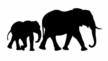 Fototapeta premium Silhouette of a mother elephant walking with her baby elephant in a side view on a white background