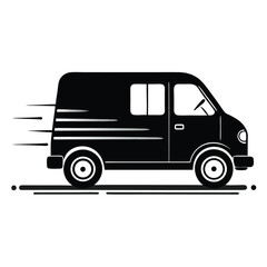 Stylish black van speeds forward leaving motion trails on the white background