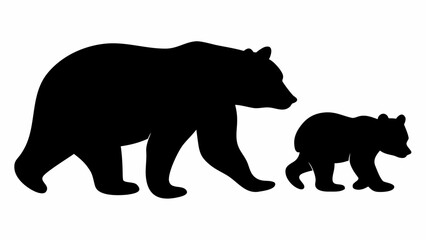 Fototapeta premium Silhouette depiction of a mother bear walking alongside her cub in a simple black and white image