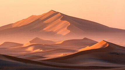 Naklejka premium Desert Mirage Landscape with Glowing Sand Dunes and Hazy Light