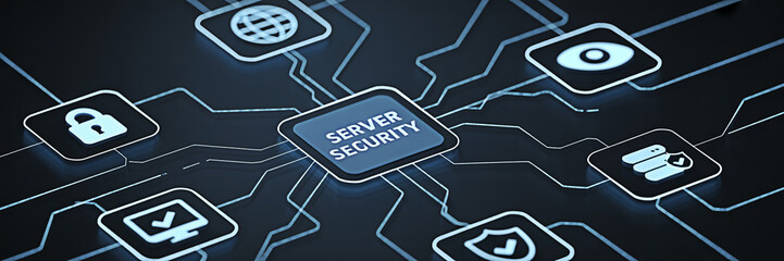 Server security concept with icons representing data protection network safety and cybersecurity measures for secure online systems and digital infrastructure