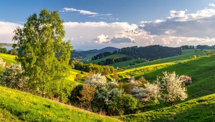 Obraz premium spring landscape with trees in the foreground and green hills covered by blooming flowers