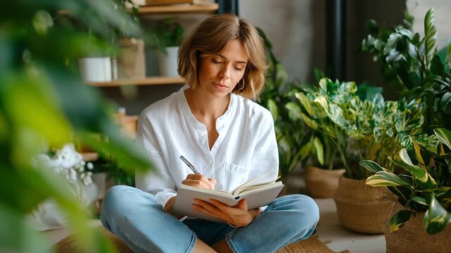 Asian woman sitting cross-legged on rug near plants, journaling in notebook, minimal living room, calm focus, mindfulness writing, mindful home design, green interior, creative sel