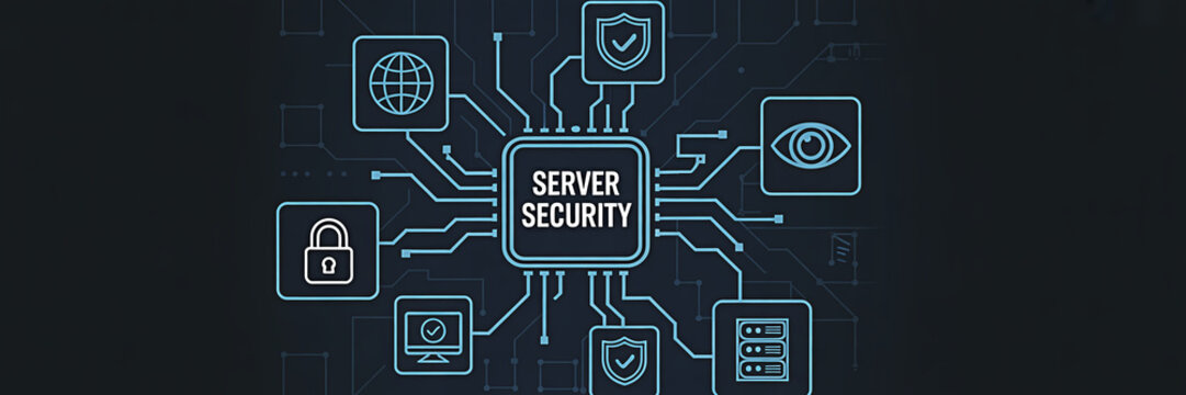 Server security concept with icons representing data protection network safety and cybersecurity measures for secure online operations and digital infrastructure
