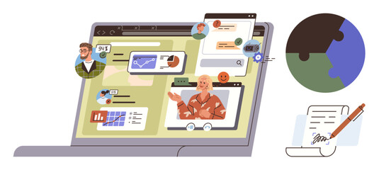 Laptop screen with video calls, charts, and messages, global collaboration elements, signed documents. Ideal for teamwork, communication, remote work, globalization technology business networking