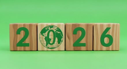 Wooden blocks with green numbers and globe wood blocks year