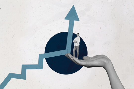 Collage with person observing rising arrow symbolizing startup growth business income statistics trading decrease increase