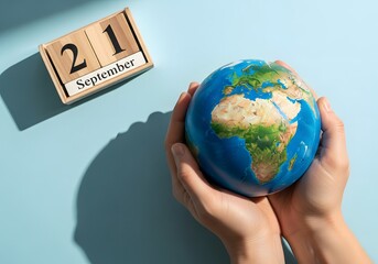 Human Hands Gently Holding an Earth Globe Next to a Wooden Calendar Showing September 21st