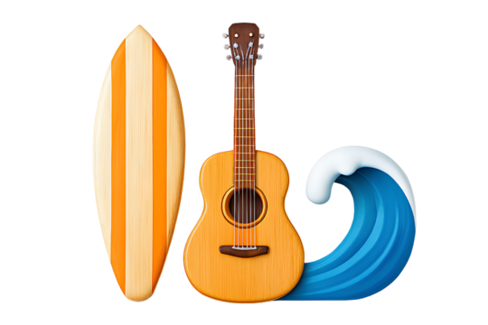 Beach Lifestyle Icons – Surfboard, Acoustic Guitar, and Ocean Wave in Artistic Style