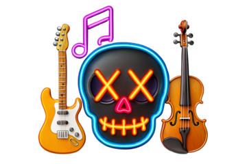 Neon Music Icons – Skull, Electric Guitar, Violin, and Lightning in Edgy Artistic Style