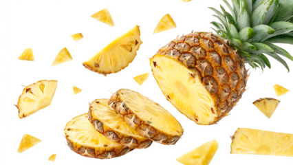 Flying pineapple fruit and half slices cut out isolated on white background PNG. AI GENERATED.