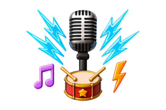 Energetic Music Icons – Microphone, Drum, Lightning Bolts, and Musical Note in Vibrant Style