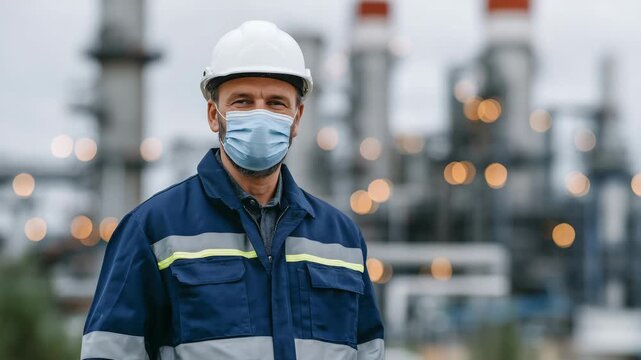 Engineer with safety helmet and mask calibrating precise sensors beside industrial chimneys, industrial landscape with smoke and piping in soft focus