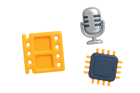 Multimedia Icons – Audio Microphone, Video Film Strip, and Digital Microchip in Stylized Design