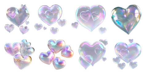 PNG Holographic heart-shaped bubble designs, element set on transparent background