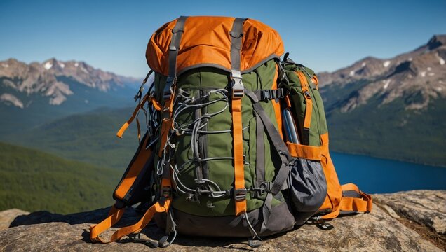 A hiking backpack standing against the backdrop of mountains and lakes