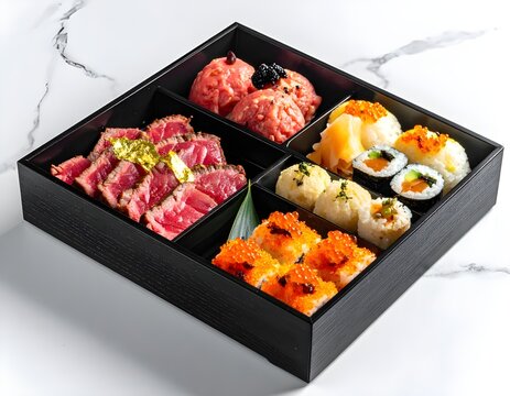 Premium black bento box featuring wagyu beef slices with gold leaf, assorted sushi with salmon and tobiko