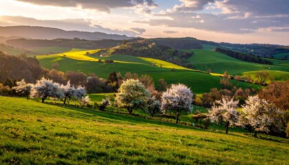 Obraz premium spring landscape with trees in the foreground and green hills covered by blooming flowers