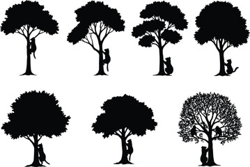 Tree Silhouette Vector Set with Person and Cat Interactions for Nature, Companionship, Wildlife, Artistic, Pet and Design Themes