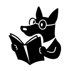 dog wearing glasses reading newspaper serious