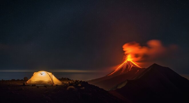 A dramatic high-resolution nighttime panorama unfolds, showcasing a remote mountain campsite facing an erupting volcano, with a glowing tent under a star-packed sky and the Milky Way.