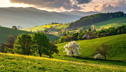 Obraz premium spring landscape with trees in the foreground and green hills covered by blooming flowers