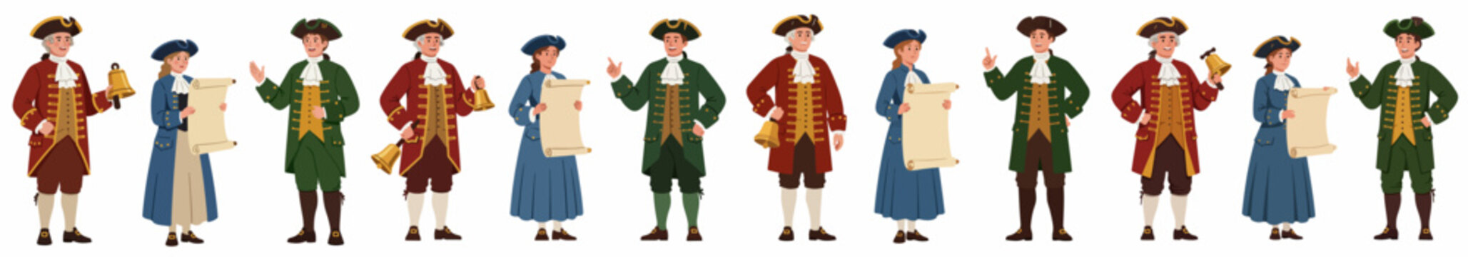 Historical vector character set of 18th-century town criers and colonial figures in traditional costumes holding bells and proclaiming news.