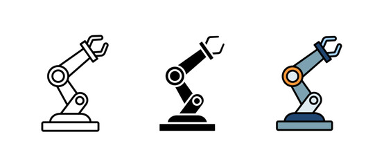 Robot Arm Icon represents automation, industry, and modern technology in stroke, filled, and colored styles. Perfect for manufacturing, robotics, and engineering design use.