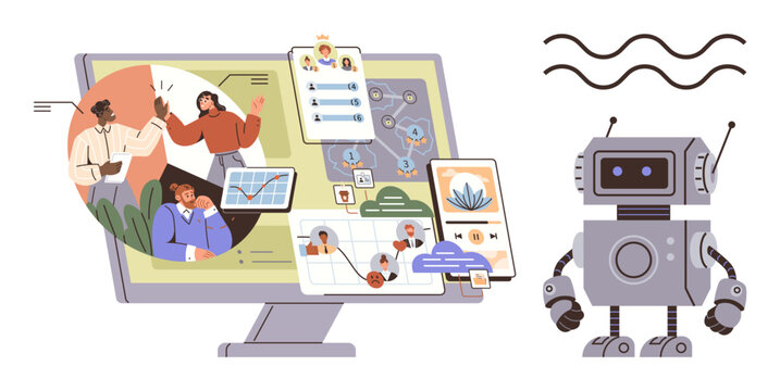 Team collaborating on workflow tasks via computer screen featuring analytics, charts, and project tools, alongside robot assistant. Ideal for teamwork, productivity, AI, automation, project