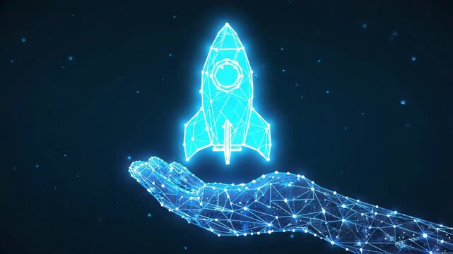 Turbo human hand touching a digital rocket icon made of glowing connected nodes and lines, concept of startup launch, innovation, futuristic technology, business growth, dark abstract background