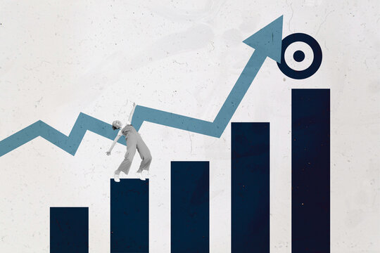 Collage with person observing rising arrow symbolizing startup growth business income statistics trading decrease increase