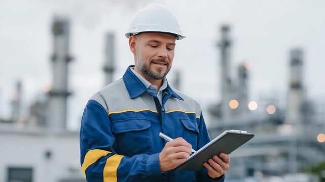 Industrial engineer documenting air quality data near factory stacks, protective gear reflecting sunlight, background filled with industrial structures and rising smoke