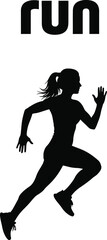 Silhouette A woman jogging, legs apart, hair in a ponytail, against white background