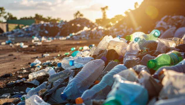 Environmental Crisis Plastic Bottles Piling Up in a Landfill Under the Harsh Sun's Rays