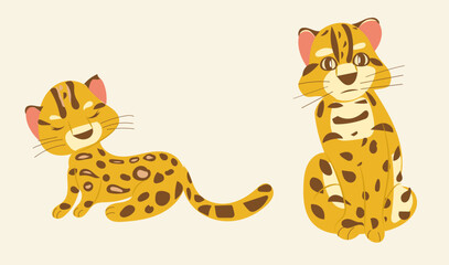 Set cartoon ocelot isolated, sitting and sleeping flat vector sketch doodle
