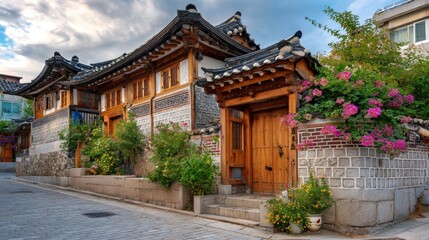 Obraz premium Vibrant Hanok Village: Traditional Korean Architecture with Ornate Tiled Roofs and Blooming Flowers on a Cobblestone Street