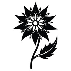 Black flower with stylized petals blooms, arising from a bent stem and a single leaf