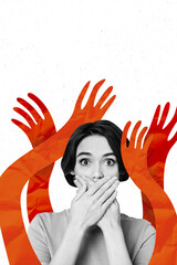 Trendy zine 3d image pop trend collage of puzzled girl hold mouth hands control manipulation puppet...