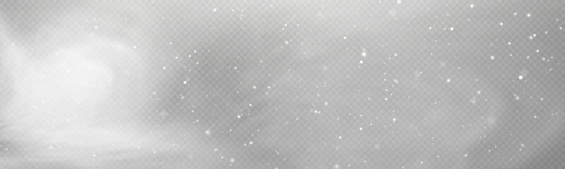 Winter snowstorm effect with snow, cold wind effect, soft fog and small snow particles on transparent background; winter Christmas design element.