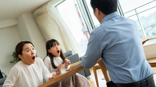 地震発生でテーブルの下に避難する家族