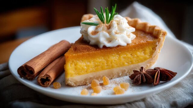 Indulgent slice of pumpkin pie with whipped cream and festive spices, perfect for autumn celebrations and cozy moments.