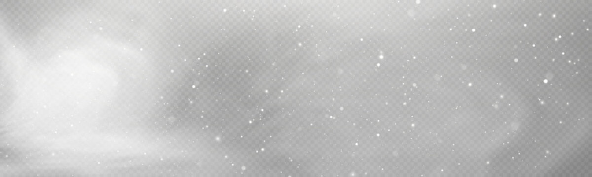 Winter snowstorm effect with snow, cold wind effect, soft fog and small snow particles on transparent background; winter Christmas design element.